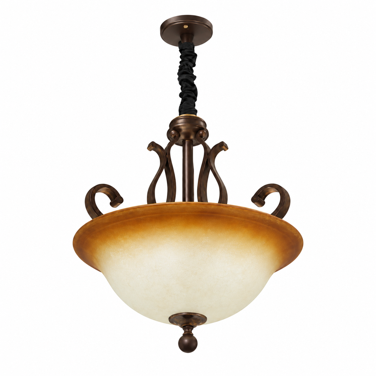 Coffee Antique Scroll Bowl Pendant, unlit studio view