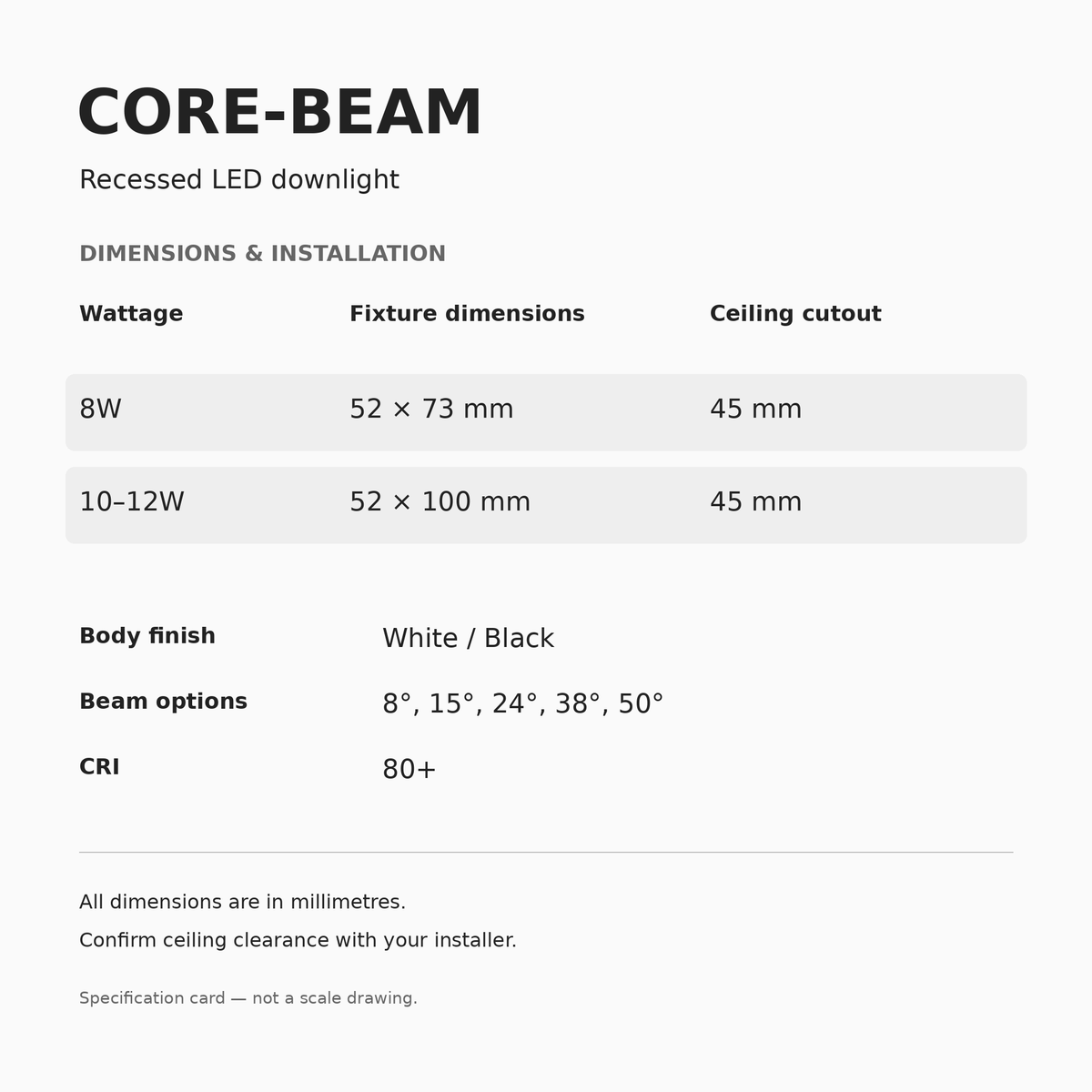CORE-BEAM 8W and 10–12W dimensions and specifications