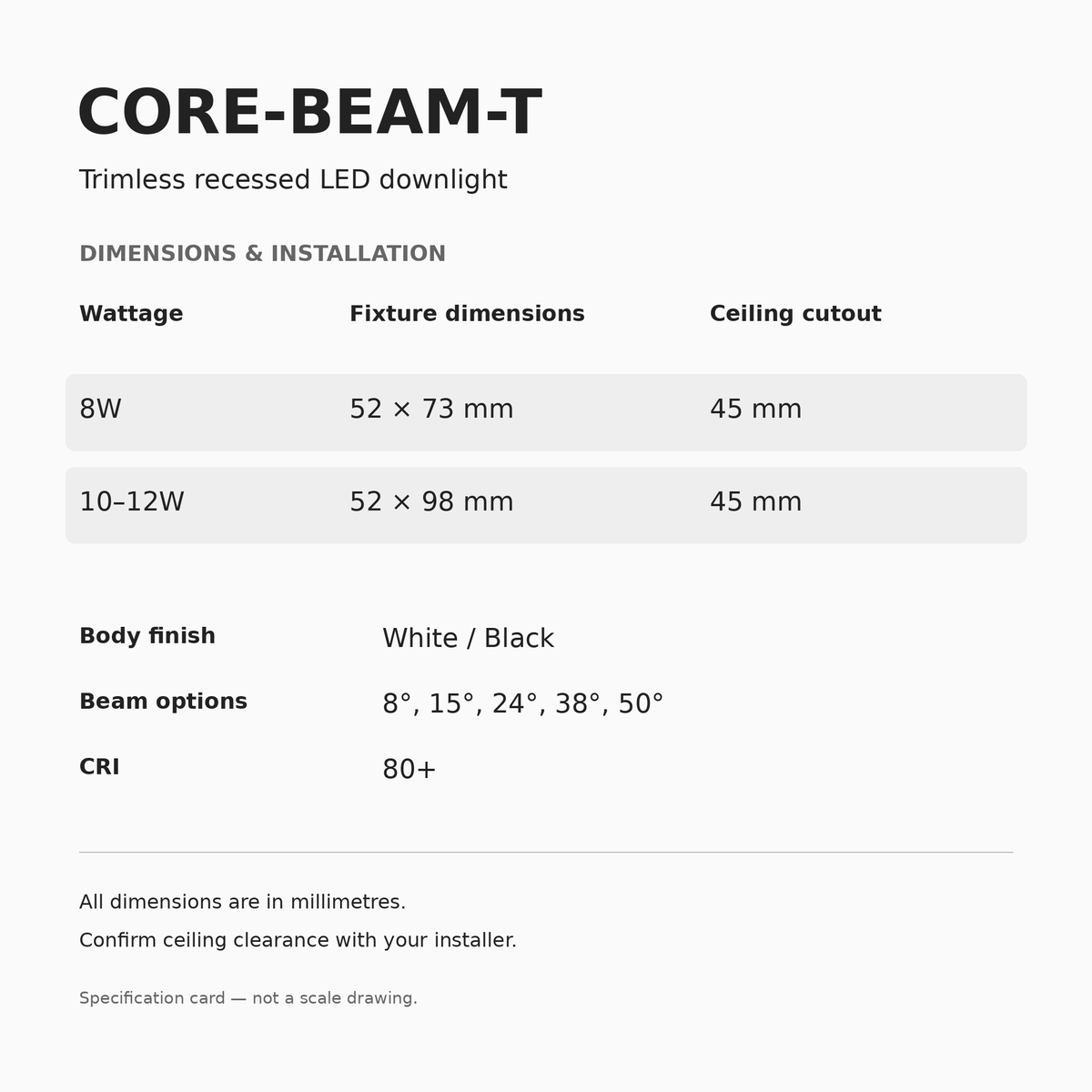 CORE-BEAM-T Trimless 8W and 10–12W dimensions and specifications