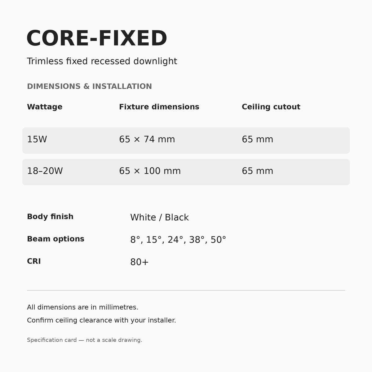 CORE-FIXED Trimless 15W and 18–20W dimensions and specifications