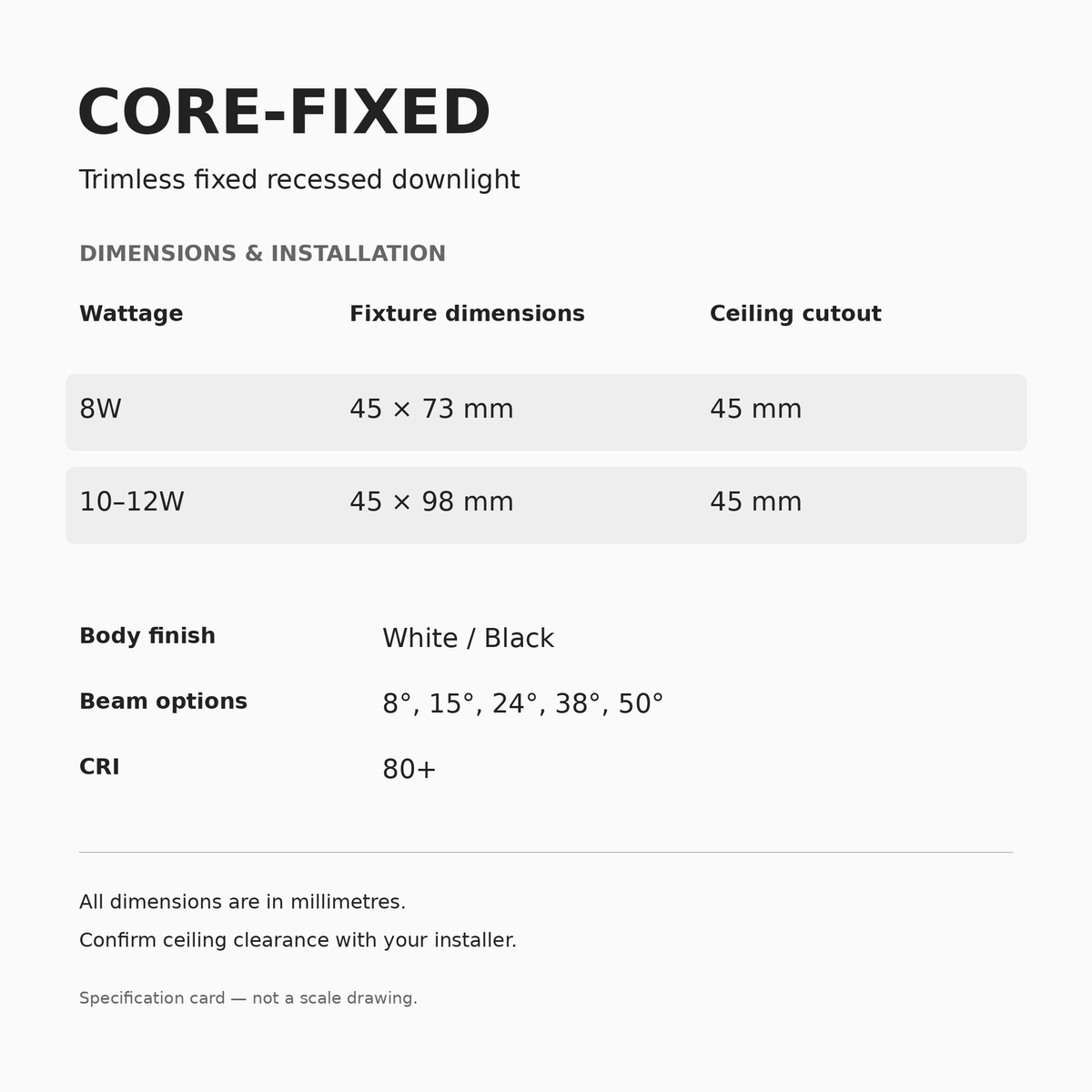 CORE-FIXED Trimless 8W and 10–12W dimensions and specifications
