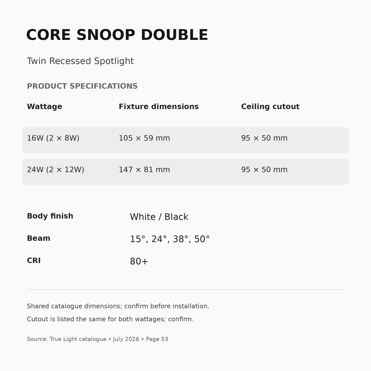 CORE SNOOP DOUBLE dimensions, catalogue cutouts and specifications