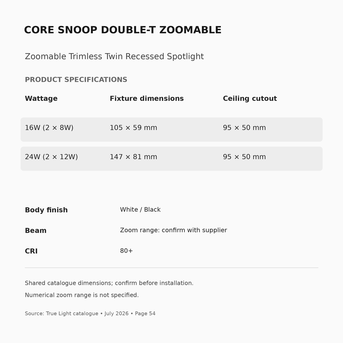 CORE SNOOP DOUBLE-T ZOOMABLE specifications, wattage and fitting dimensions