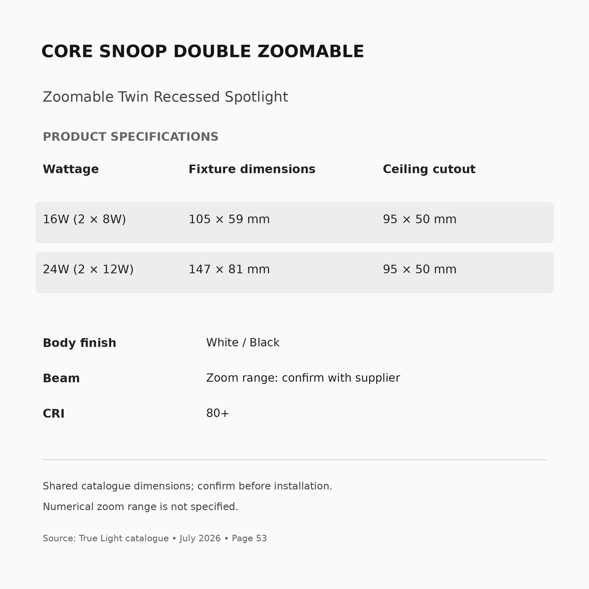 CORE SNOOP DOUBLE ZOOMABLE dimensions, catalogue cutouts and specifications