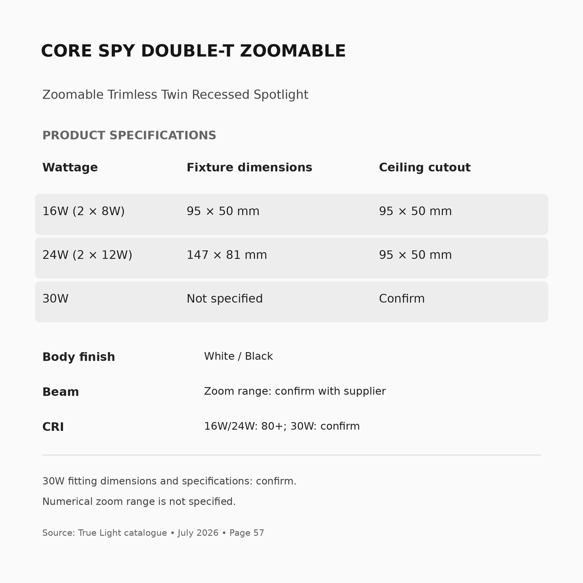 CORE SPY DOUBLE-T ZOOMABLE specifications, wattage and fitting dimensions