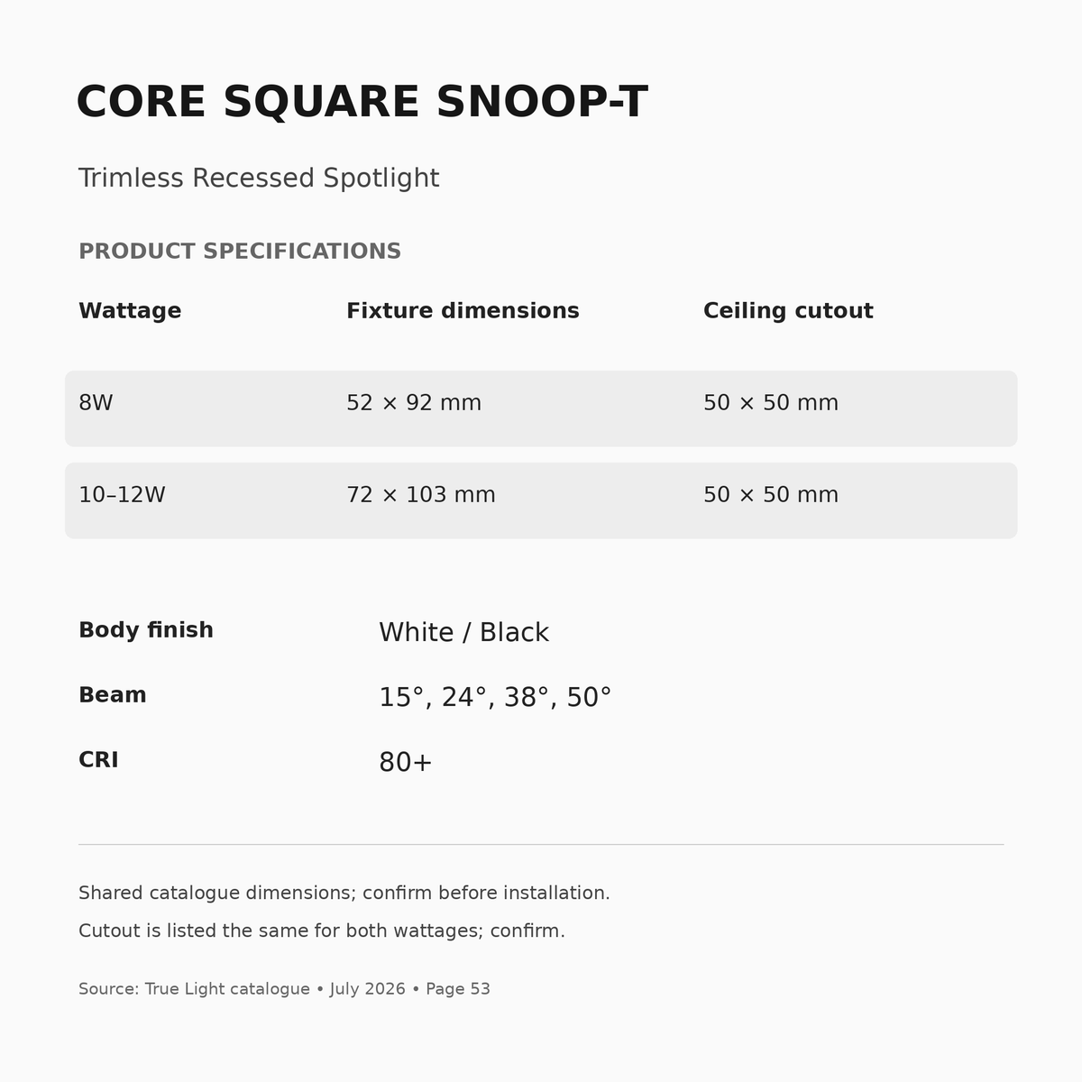 CORE SQUARE SNOOP-T dimensions, catalogue cutouts and specifications