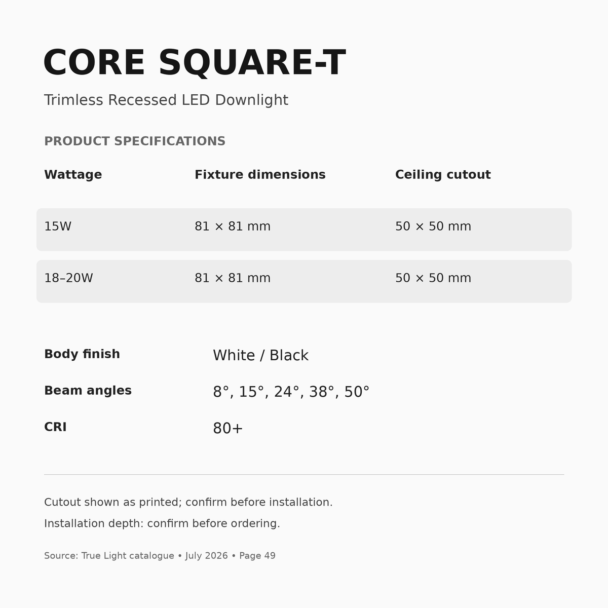 CORE SQUARE-T 15W and 18–20W dimensions, catalogue cutout and specifications