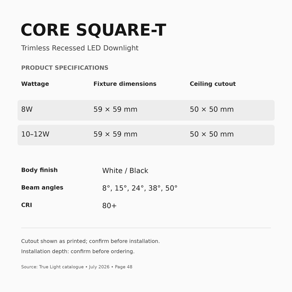 CORE SQUARE-T 8W and 10–12W dimensions, cutout and specifications