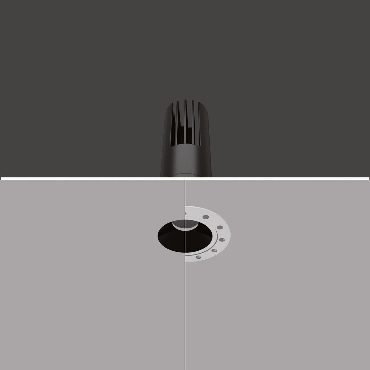 CORE-T 8W and 10–12W trimless recessed downlight — original catalogue installation cutaway, representative finish