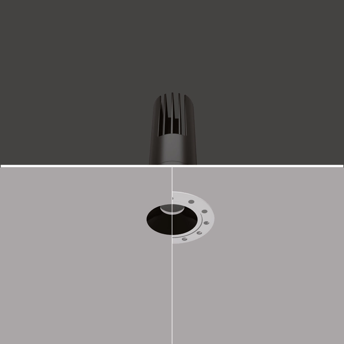 CORE-T 8W and 10–12W trimless recessed downlight — original catalogue installation cutaway, representative finish