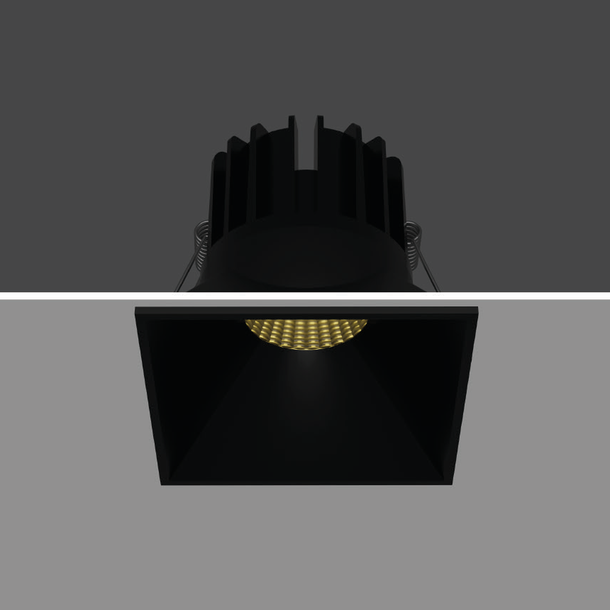 CORNET black-body square recessed downlight, faithful catalogue installation reference with ceiling plane retained; white-finish image unavailable.