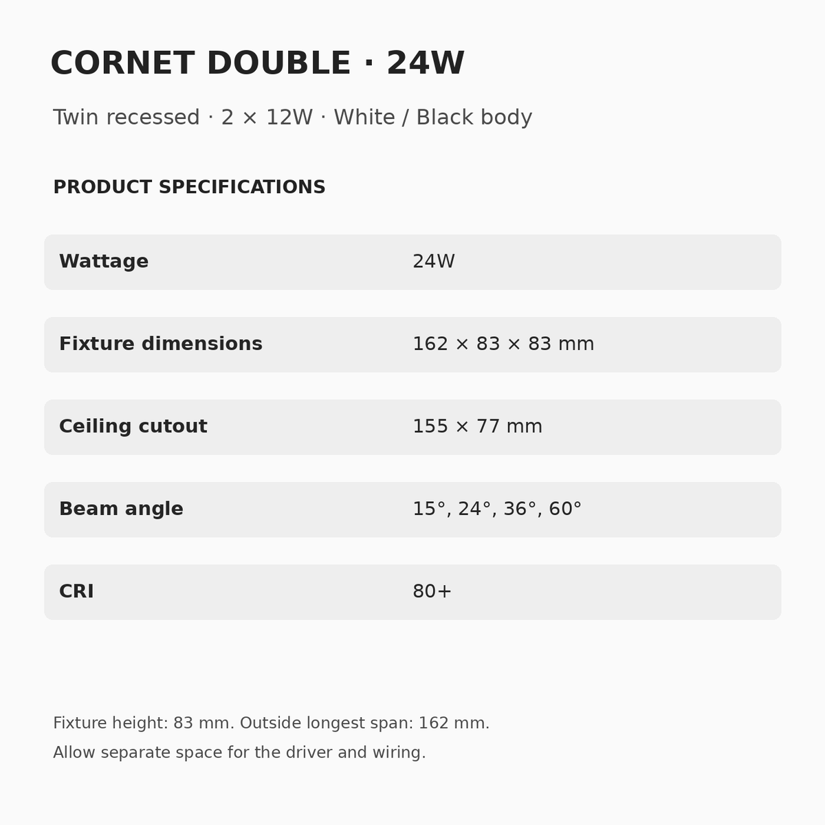 CORNET DOUBLE 24W specifications: 162 × 83 × 83 mm fixture dimensions, 155 × 77 mm cutout, 15°, 24°, 36° or 60° beam options and CRI 80+.