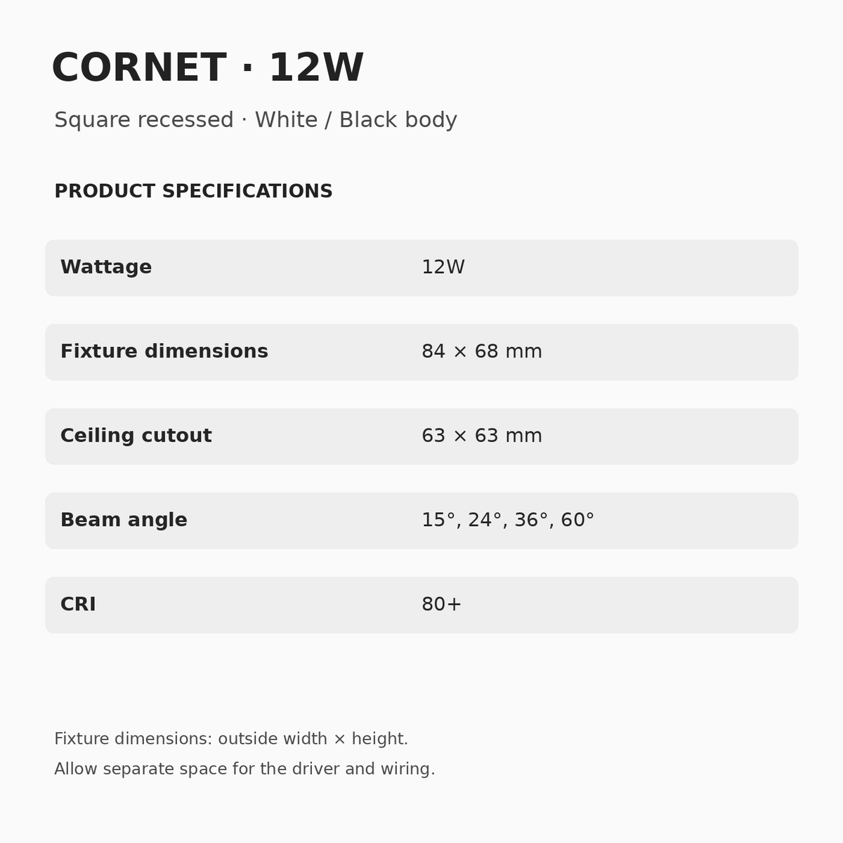CORNET 12W specifications: 84 × 68 mm fixture dimensions, 63 × 63 mm square cutout, 15°, 24°, 36° or 60° beam options and CRI 80+.
