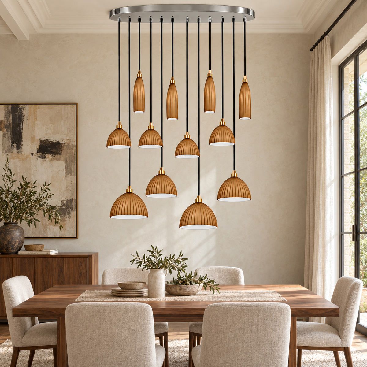 Costella Brown Twelve-Shade Cascade Chandelier, daylight interior, light off