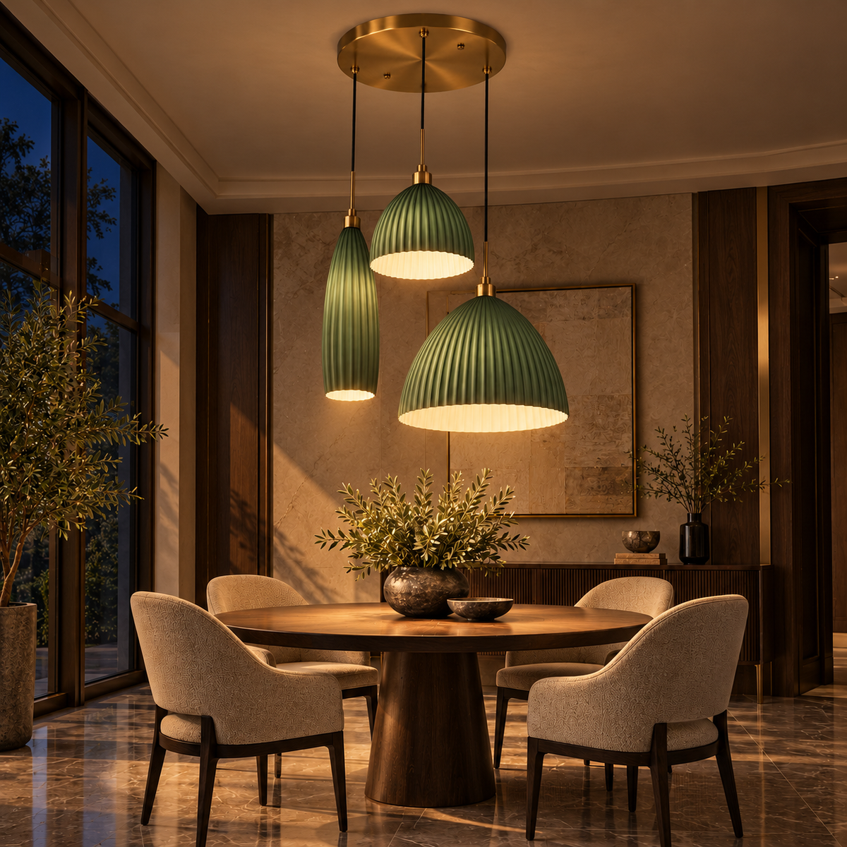 Costella Green Three-Shade Chandelier, evening interior, light on