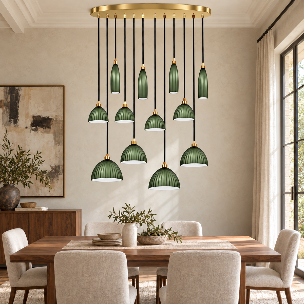 Costella Green Twelve-Shade Cascade Chandelier, daylight interior, light off