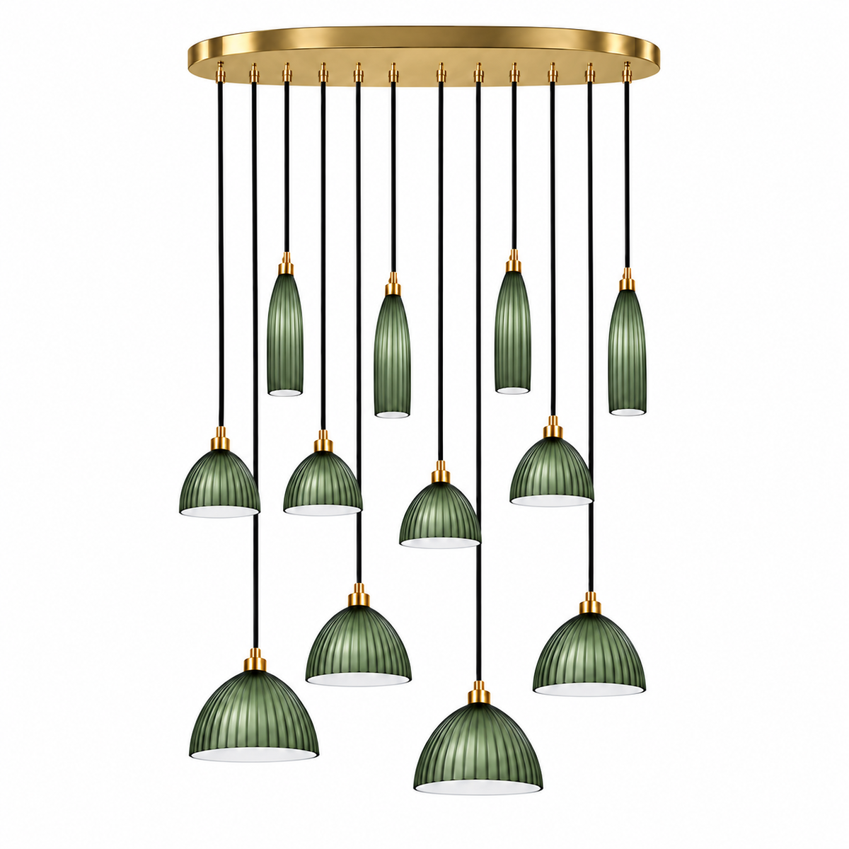 Costella Green Twelve-Shade Cascade Chandelier, studio view on white