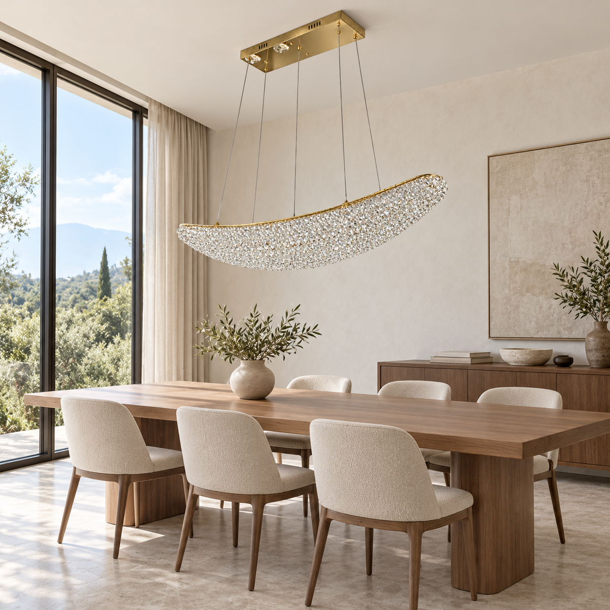 Crescent Crystal Linear Chandelier, daylight interior, light off