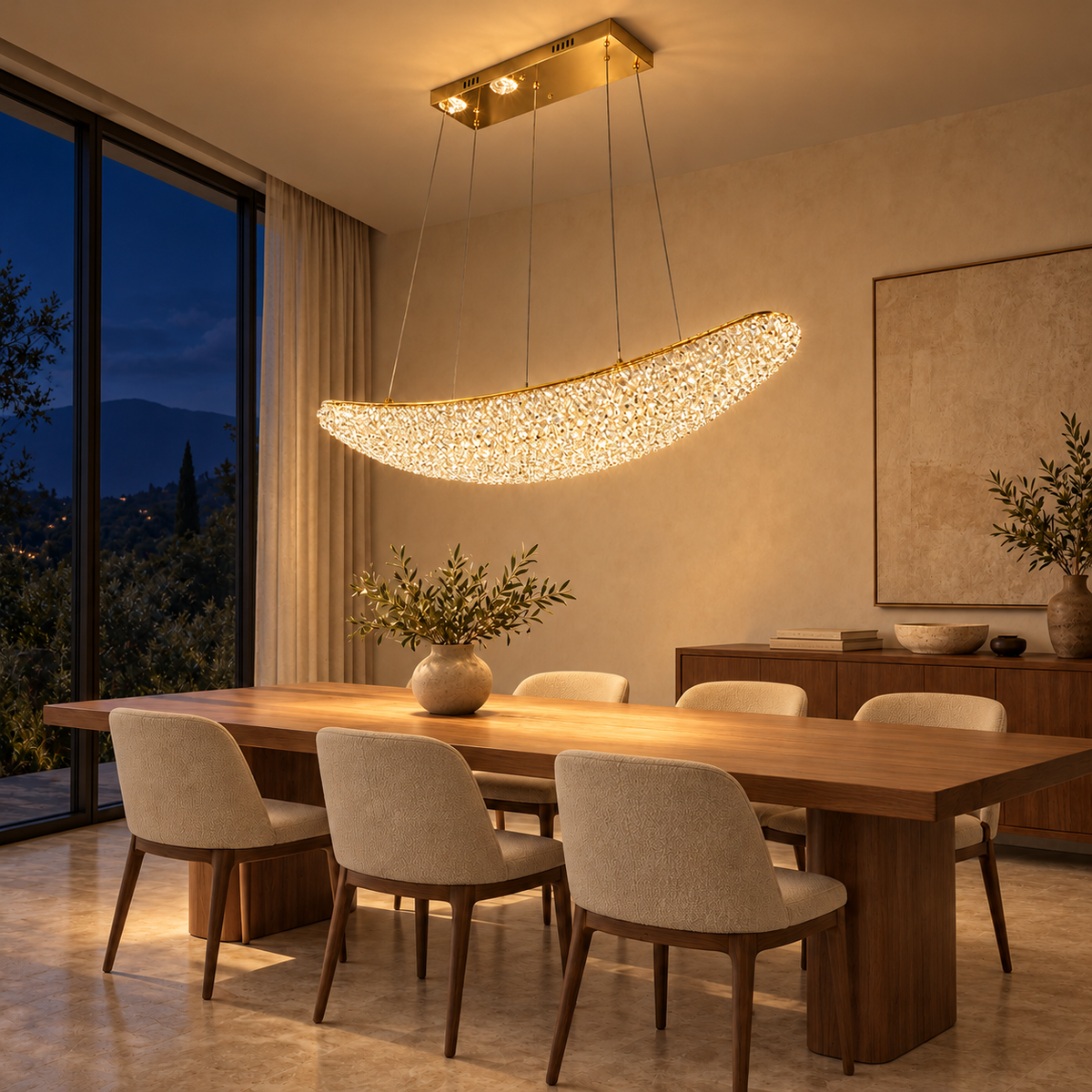 Crescent Crystal Linear Chandelier, evening interior, light on