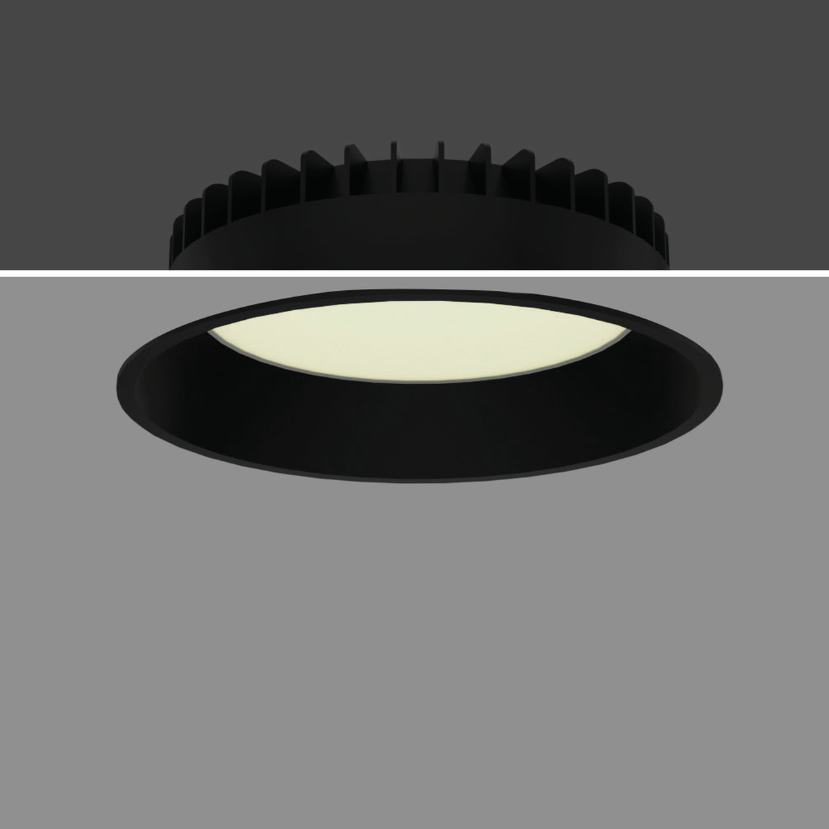 Original DISC black-body round diffused recessed downlight family reference with original flared trim and finned housing; pictured wattage unconfirmed and white-body photograph unavailable.