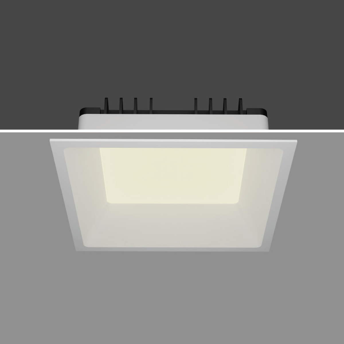 Original DISC-SQUARE white-body diffused recessed downlight family reference with square trim and finned housing; pictured wattage unconfirmed and black-body photograph unavailable.