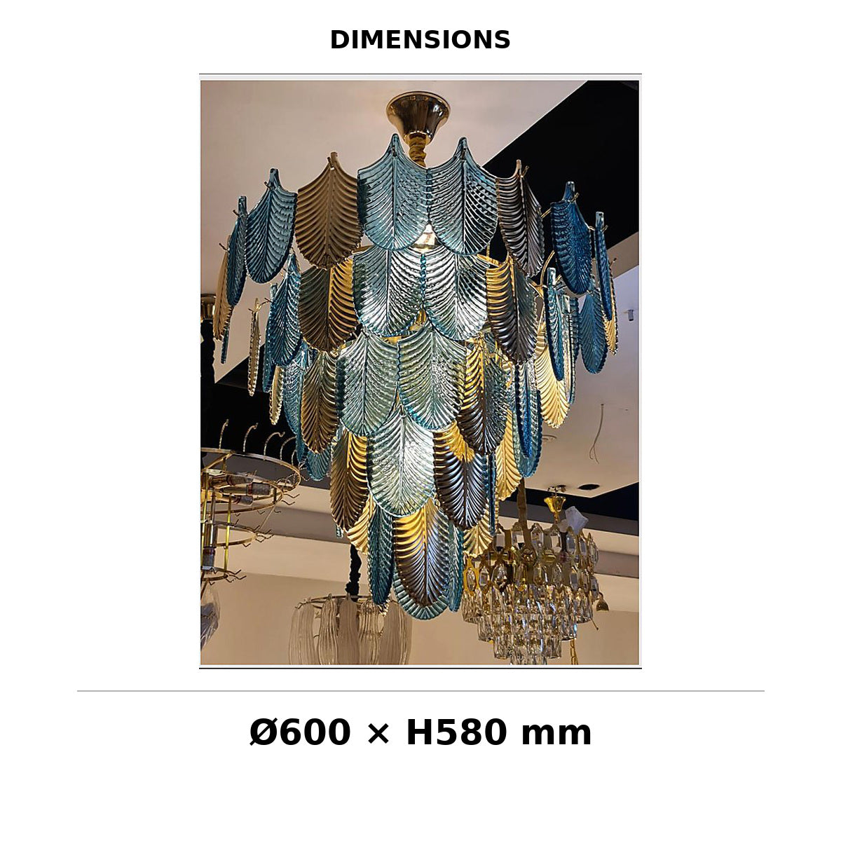 Multicolor Glass Leaf Chandelier dimension image, Ø600 mm x H580 mm