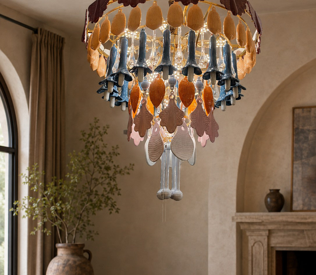 Colorful Ceramic Cascade Chandelier full original in-situ image