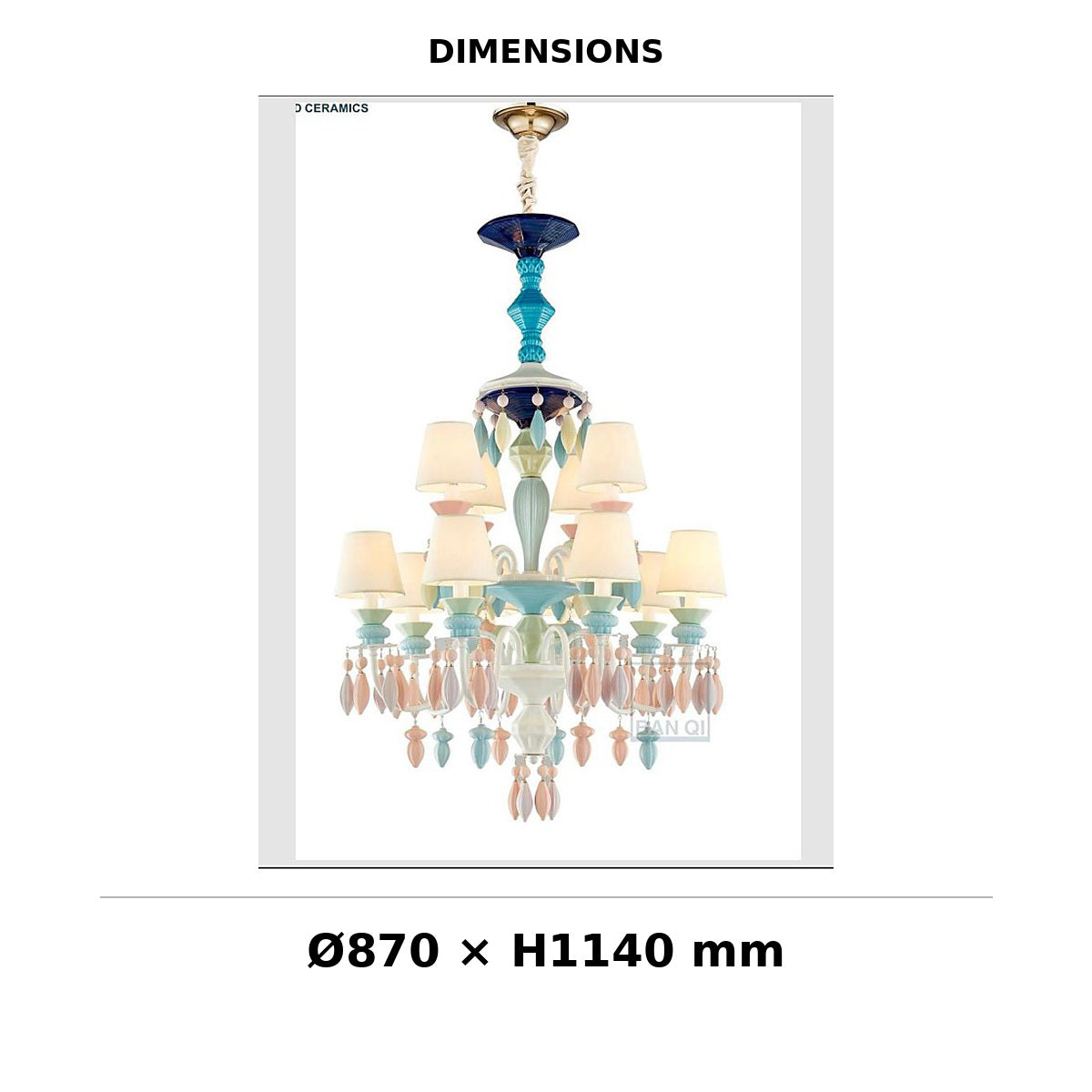 Two-Tier Colorful Ceramic Chandelier 8+4 Light dimension image, Ø870 mm x H1140 mm