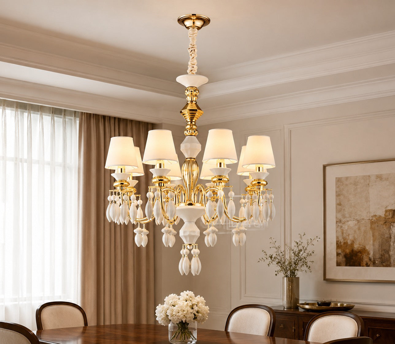 White Ceramic Chandelier 8 Light full original in-situ image