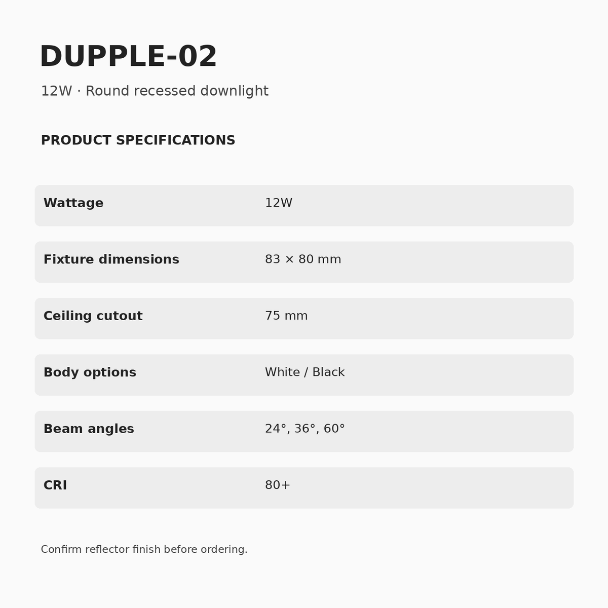 DUPPLE-02 12W dimensions and specifications