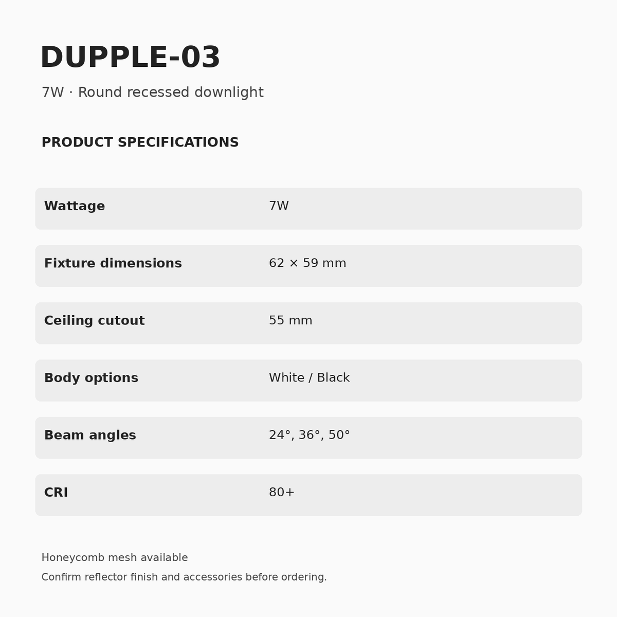 DUPPLE-03 7W dimensions and specifications