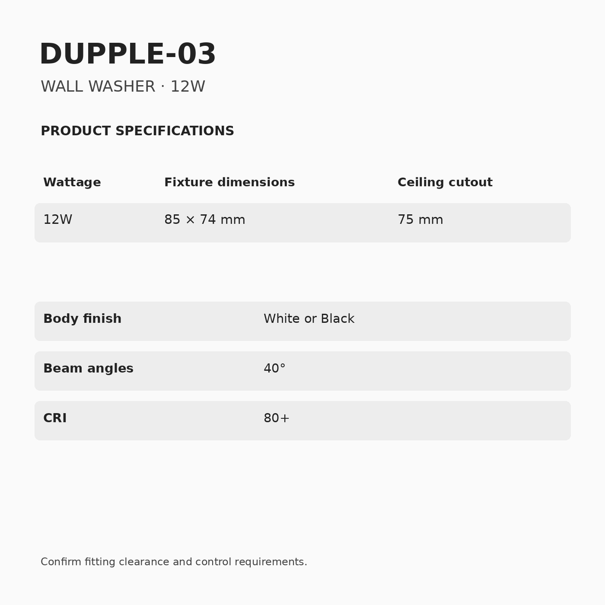 DUPPLE-03 Wall Washer Recessed Downlight – 12W dimensions and specifications