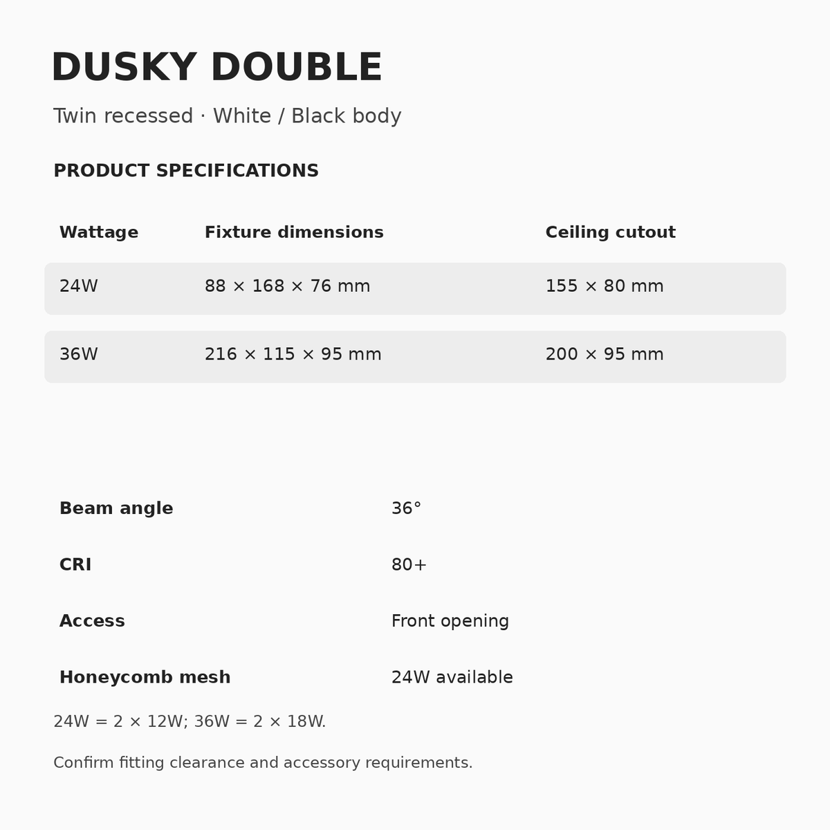 DUSKY DOUBLE Recessed Downlight – 24W & 36W dimensions and specifications
