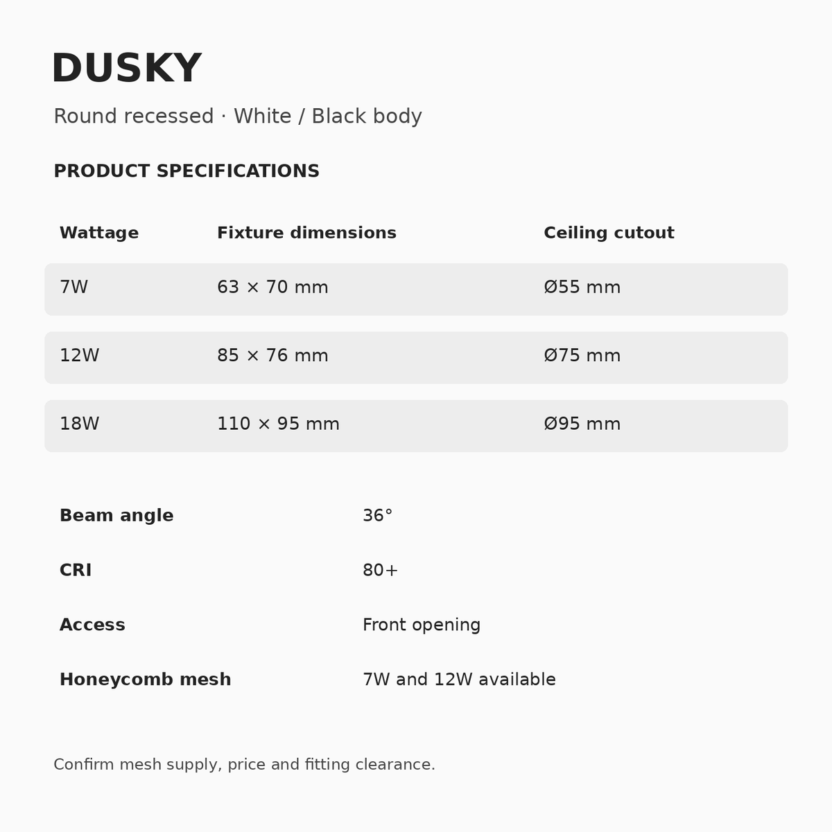 DUSKY Recessed Downlight – 7W, 12W & 18W dimensions and specifications