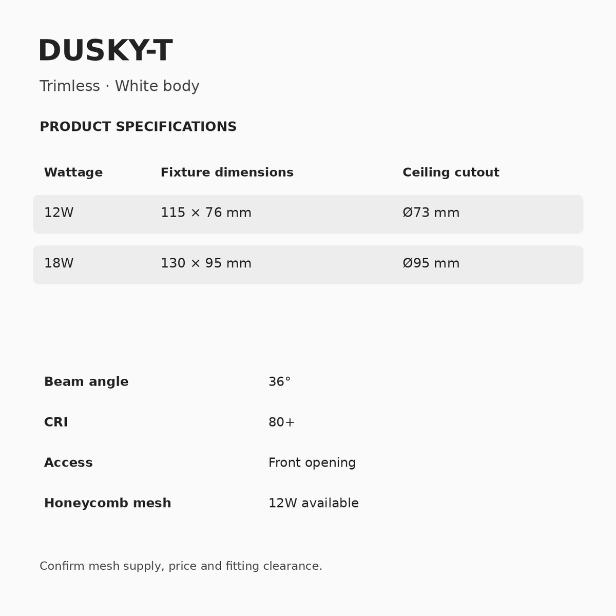 DUSKY-T Trimless Recessed Downlight – 12W & 18W dimensions and specifications