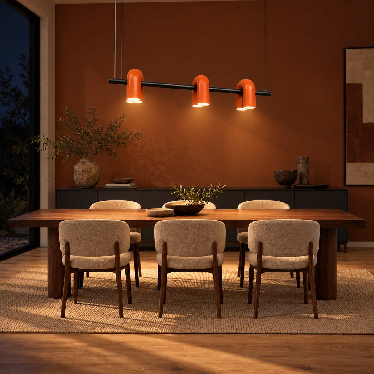 Emberline Red-Orange U-Module Linear Pendant – evening interior, light on