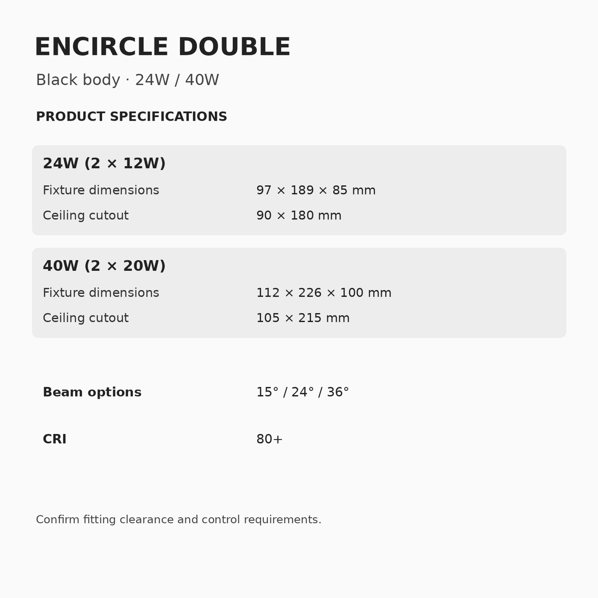 ENCIRCLE Double Black Recessed Spotlight – 24W & 40W dimensions and specifications