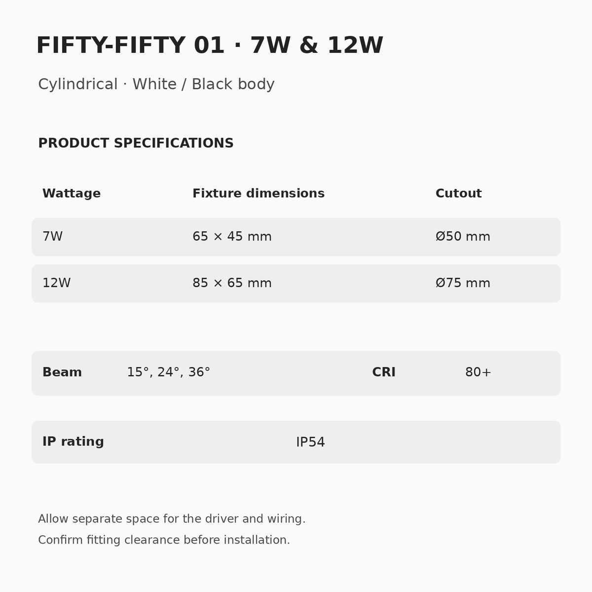 FIFTY-FIFTY 01 7W and 12W specifications: dimensions, Ø50 mm or Ø75 mm cutout, 15°, 24° or 36° beam options, CRI 80+ and IP54.