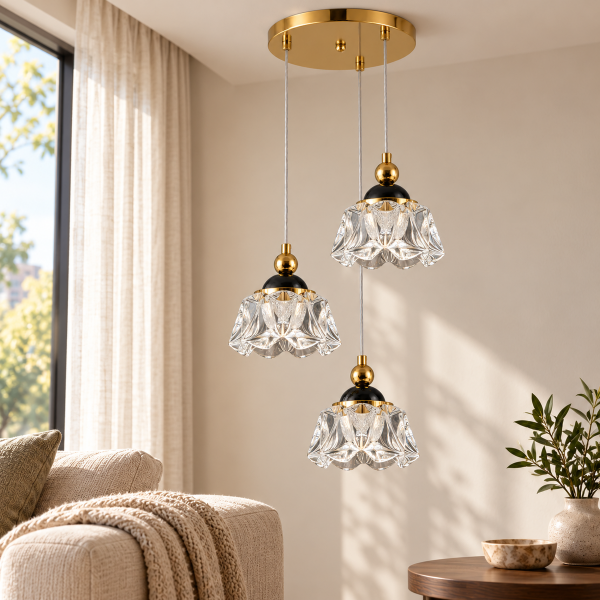 Fiora Three-Shade Faceted Acrylic Chandelier, daylight interior, light off