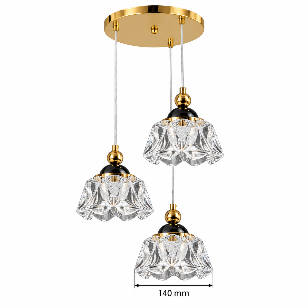 Fiora Three-Shade Faceted Acrylic Chandelier, confirmed dimension diagram