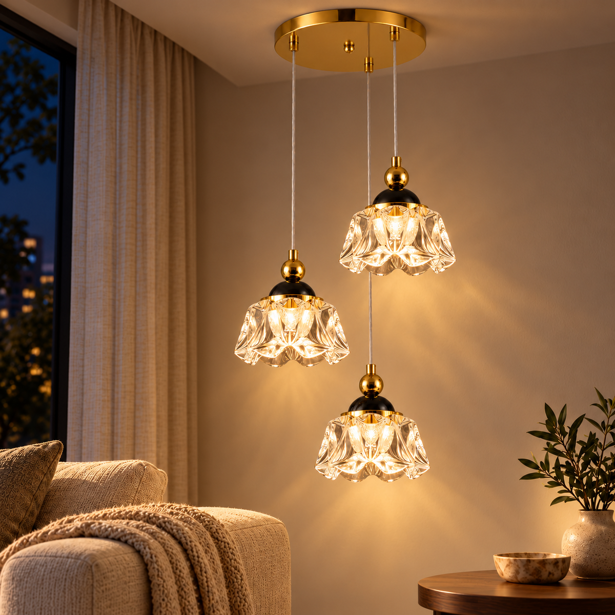 Fiora Three-Shade Faceted Acrylic Chandelier, evening interior, light on