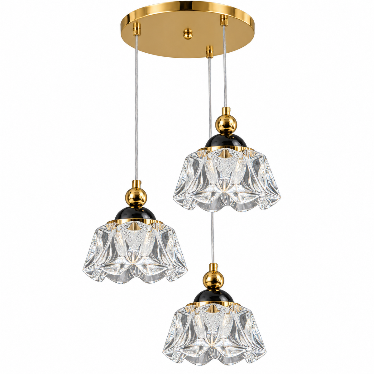 Fiora Three-Shade Faceted Acrylic Chandelier, studio view on white