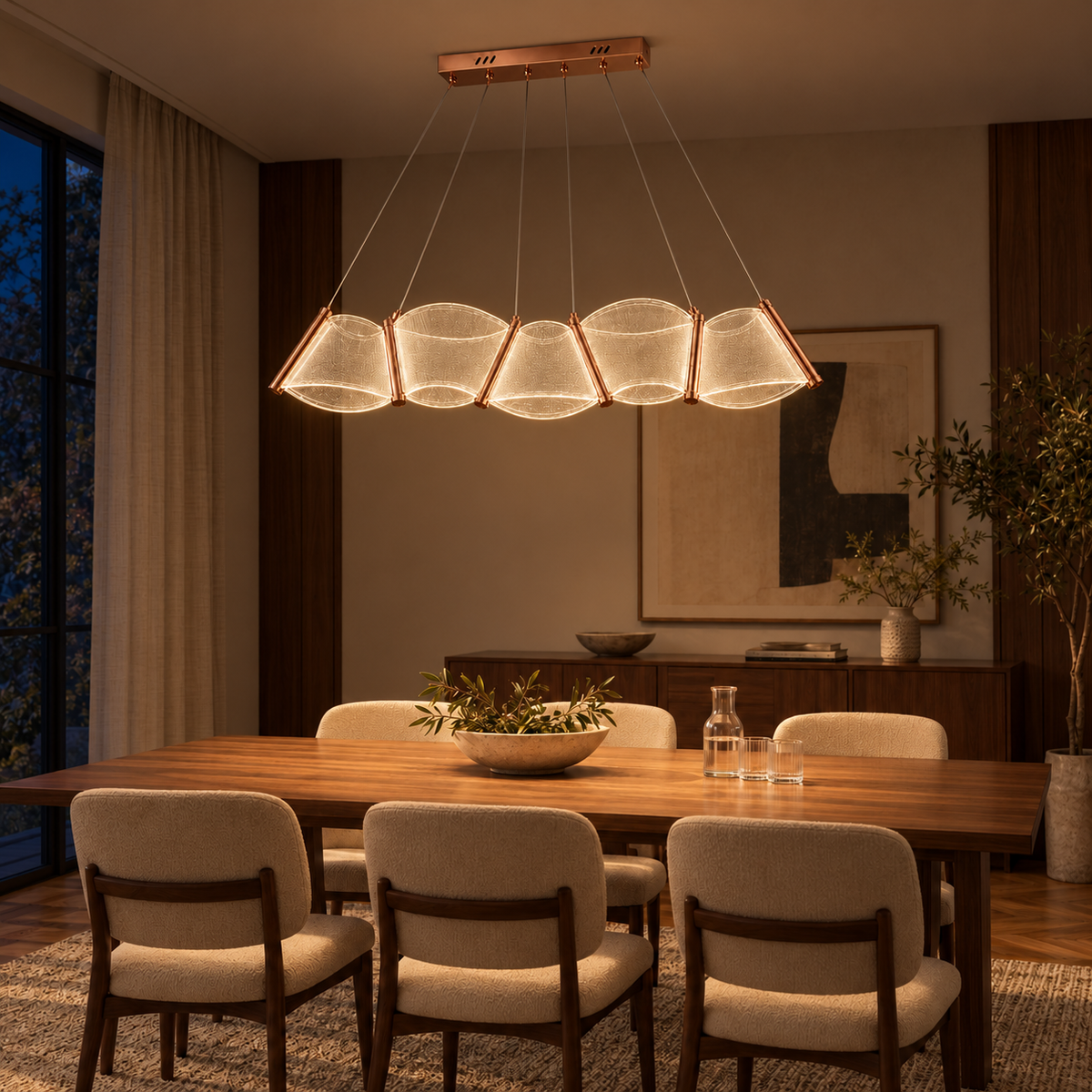 Five-Panel Linear Fan Chandelier, illuminated in a nighttime interior