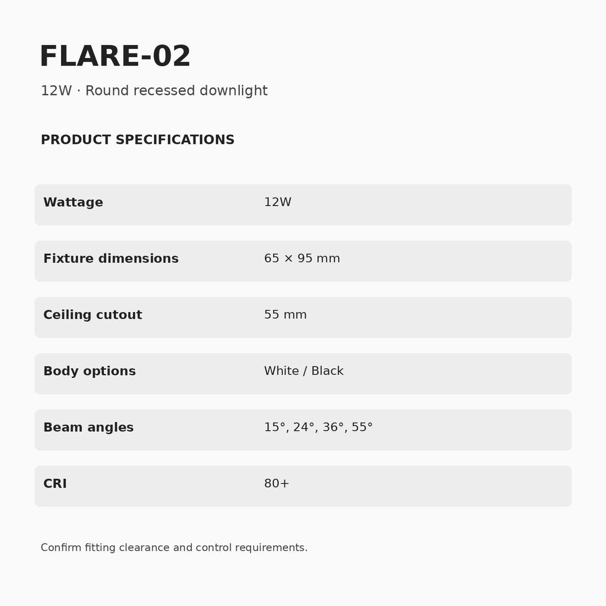 FLARE-02 12W dimensions and specifications