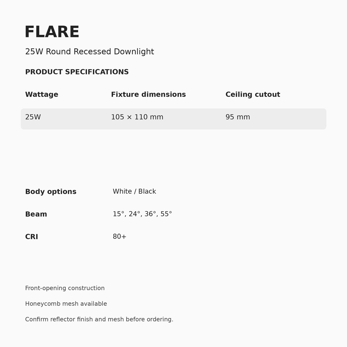 FLARE Round Recessed Downlight – 25W — dimensions, cutout and beam options