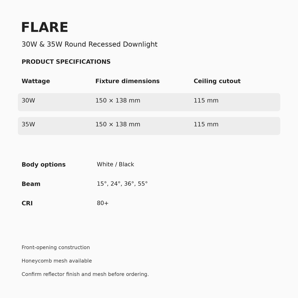 FLARE Round Recessed Downlight – 30W & 35W — dimensions, cutout and beam options