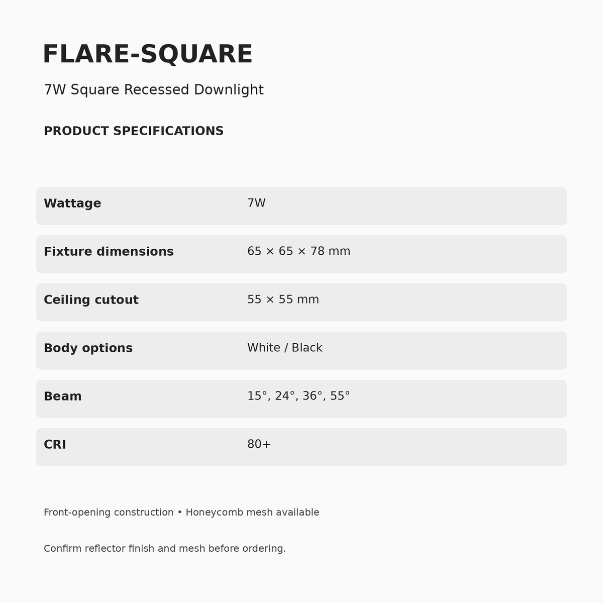 FLARE-SQUARE Recessed Downlight – 7W — dimensions, cutout and beam guide