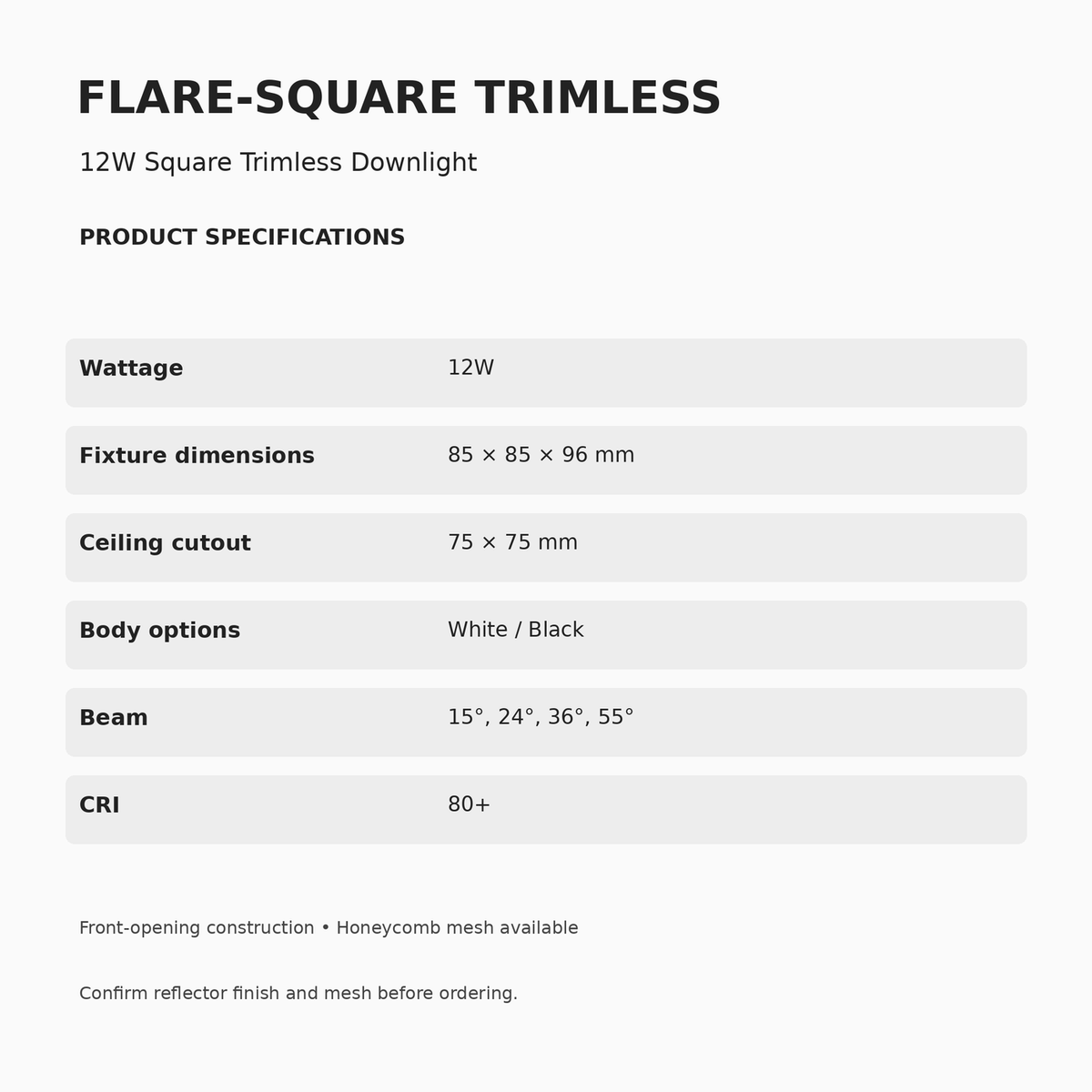 FLARE-SQUARE TRIMLESS Recessed Downlight – 12W — dimensions, cutout and beam guide