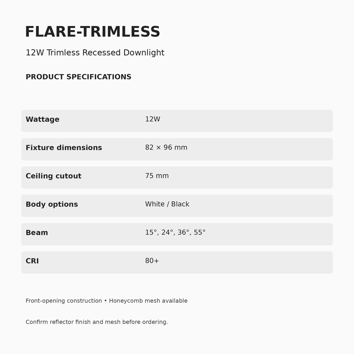 FLARE-TRIMLESS Recessed Downlight – 12W — dimensions, cutout and beam guide