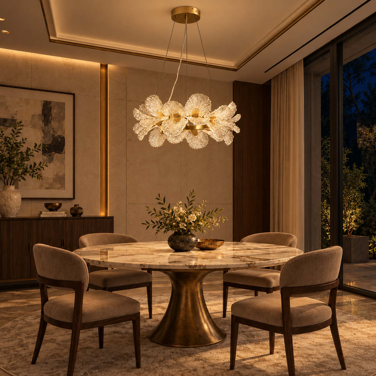Florielle Sculpted Petal Chandelier, evening interior, light on